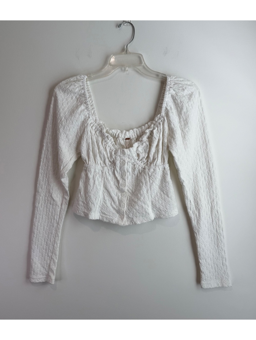 Free People White Textured Long Sleeve Cropped Button-Up Top Size S
